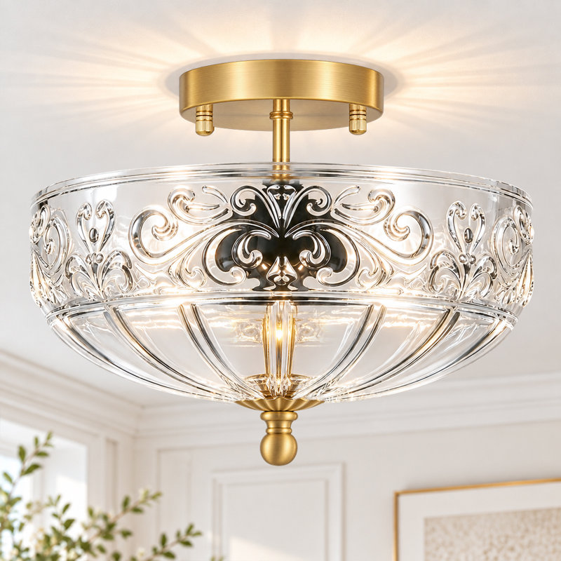 Plafonnier semi-encastré à 3 lumières en laiton antique de 30 cm (11,8 po) avec abat-jour en verre soufflé à la main à motifs