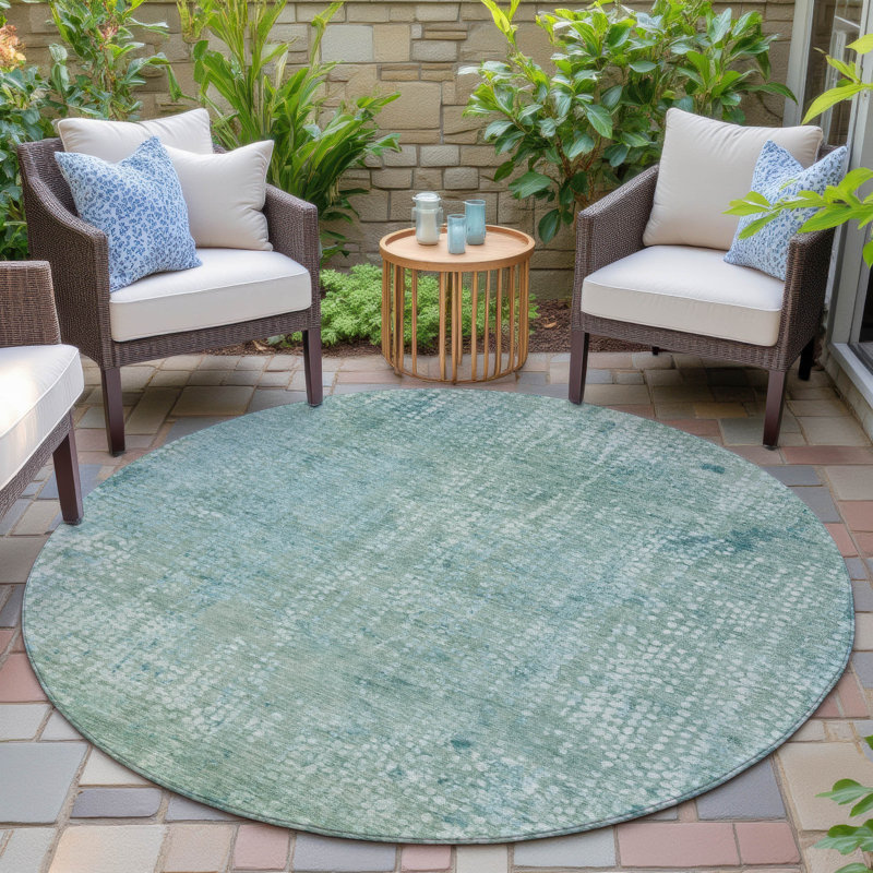 Machine Washable Indoor/Outdoor Xhevrie Teal Rug, Round 8'