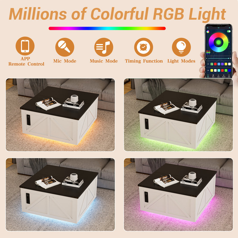 Wrought Studio™ 36 Lift Top Coffee Table With Storage, Square Coffee Table For Living Room With Led Light & Power Outlets, Farmhouse Coffee Table With Large Hidden Storage Compartment