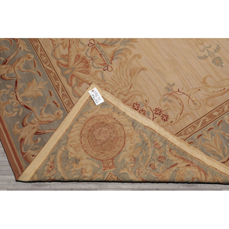 Tapis beige en laine tissé à la main 7 pi 6 po x 9 pi 6 po