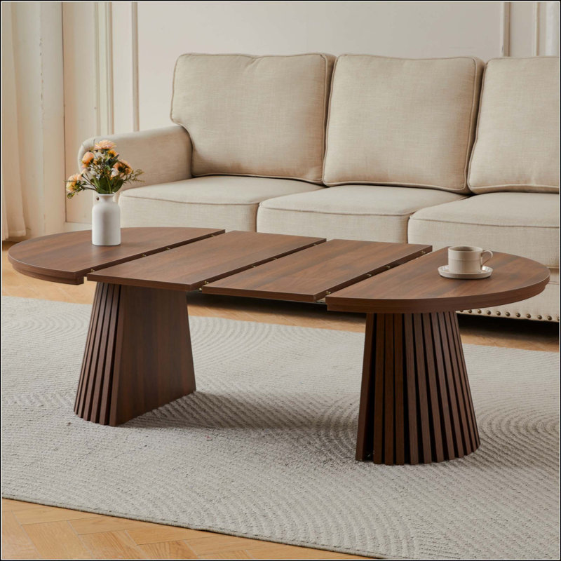 Table basse en bois ronde en bois, flexible et extensible, multifonctionnelle et peu encombrante, conception ovale à la mode et pieds à lattes, table à thé ou bureau, table de salon moderne