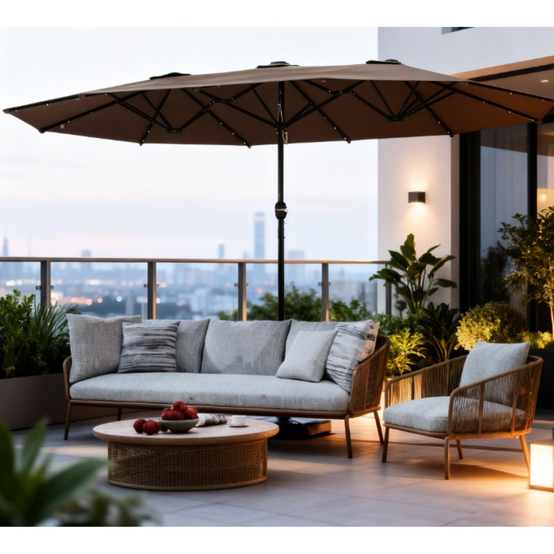 Parasol d'extérieur avec conception à double face, auvent, lumières à DEL solaires, cadre en acier à 12 nervures pour le soutien, système de manivelle pour patio et 36 po de durabilité, fermeture facile