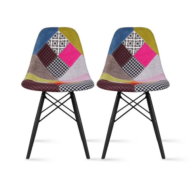 Mid Century Modern Patchwork Upholstered Dining Chair with Curved Seat, Solid Wood Legs and Metal Footrest for Kitchen Island, Breakfast Bar, Pub Table, Home Bar Muti Color