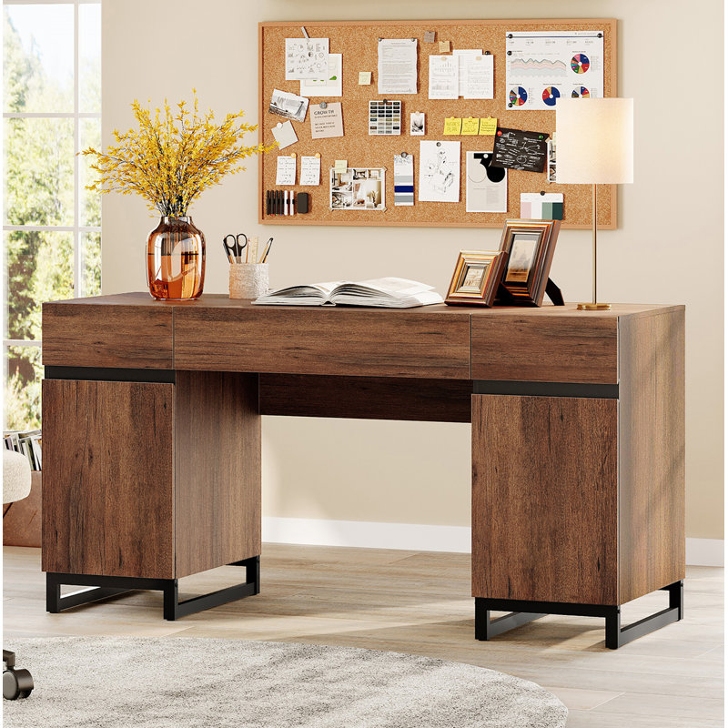  Office Furniture Set: 59" Executive Desk With Charging Station And Storage Cabinet, Four 72" Tall Bookcases, Modern Computer Desk And Library Shelf For Work Study