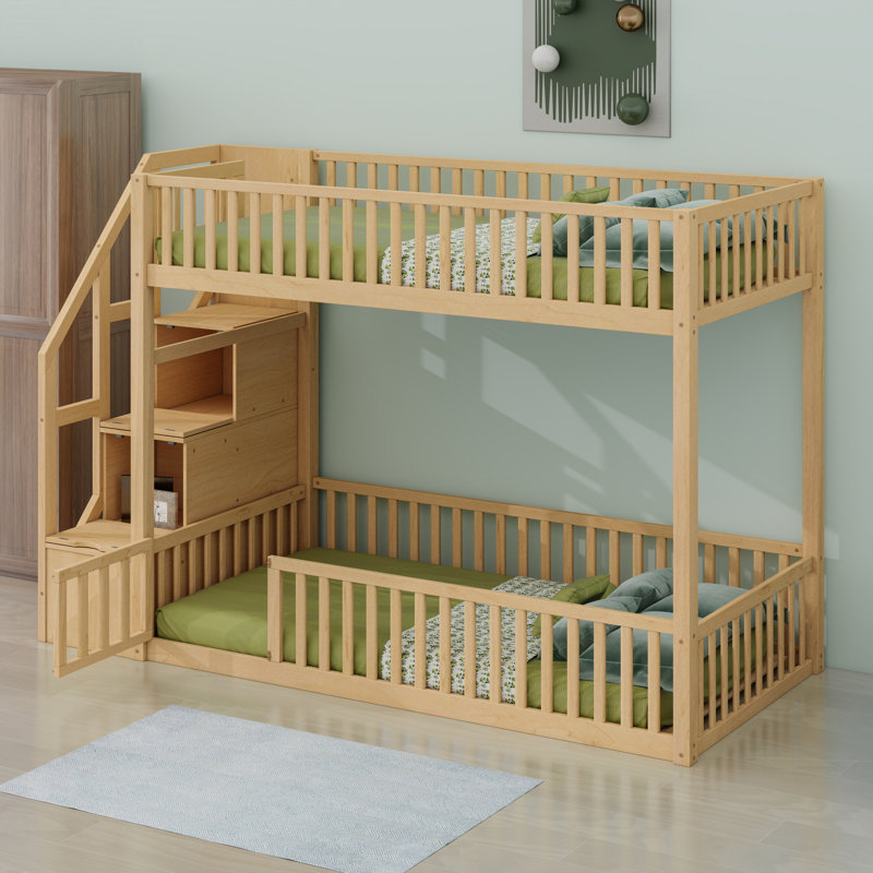Bunk Bed On Floor With Stairs Storage, Natural