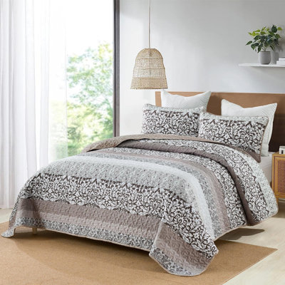 King Size-104"X90", Taupe Patchwork Striped Bedspread Coverlet Set 3 Piece For All Season,1 Quilt And 2 Shams