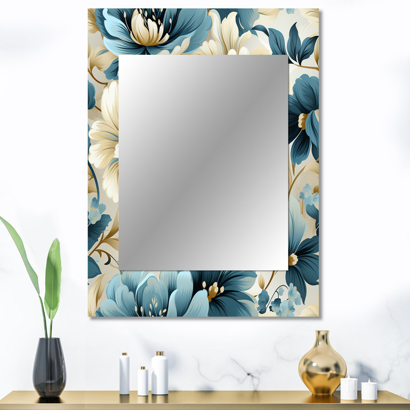 Agilar Blue And White Peonies Damask Flowers - Floral Unique Mirror, Cottage Large Wall Mirror, Printed Metal Art, 40" x 30"