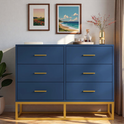 Commode moderne à 6 tiroirs, poignées dorées et élégant piètement en métal