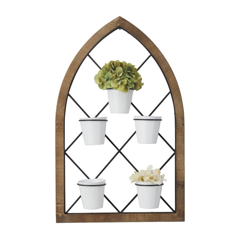 Wood Hanging Indoor Brown Wall Planter with White Pots and Black Metal Accents