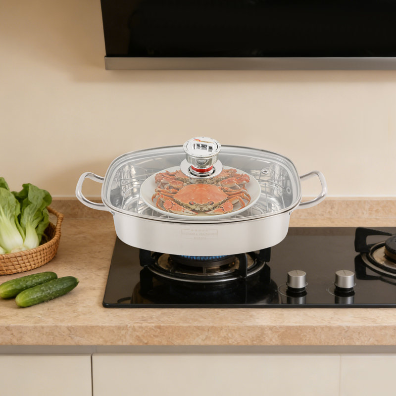 304 Stainless Steel Steamer Pot, 1.32-Gallon Oval Steaming Cookware, 5.91" H x 18.5" W x 10.24" D