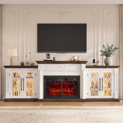 104" Farmhouse Fireplace Tv Stand,Entertainment Center With Led Lighting And Outlet&Storage Cabinets, Large Media Console Table With 30" Electric Fireplace & Retro Scrollwork Doors ,White&Brown