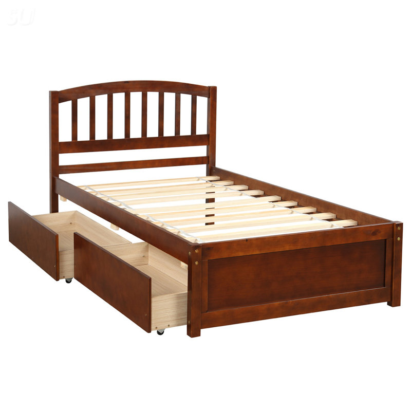 Structure de lit simple en bois avec deux tiroirs et tête de lit, Noyer