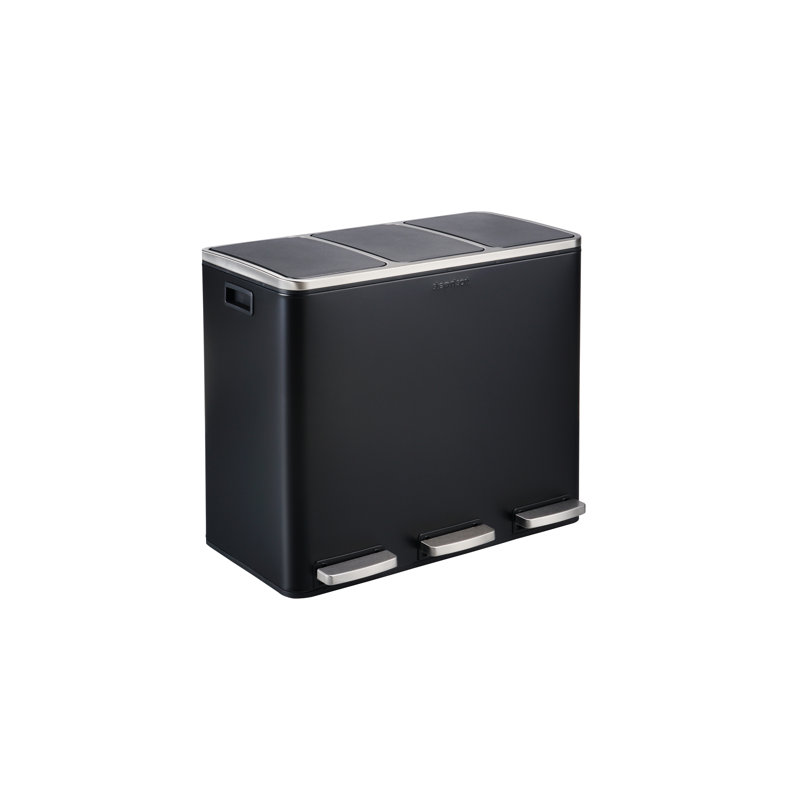 The Step N' Sort, 3X18l, 3-Compartment Trash And Recycling Bin With Slow Close Lid And Removable Inner Bins, Black, Black
