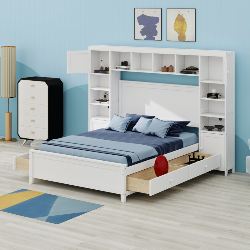 Lit en bois avec armoire et tablette tout-en-un, blanc