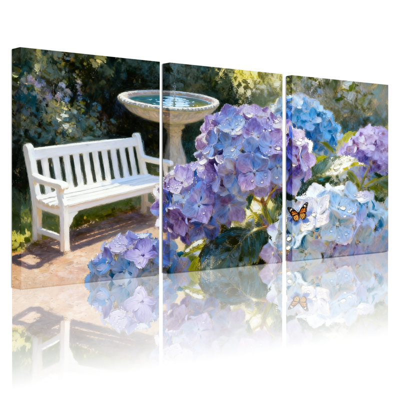 Tableau sur toile tendue représentant un jardin d'hortensias avec banc blanc et papillon (lot de 3), H 36 po x l 72 po