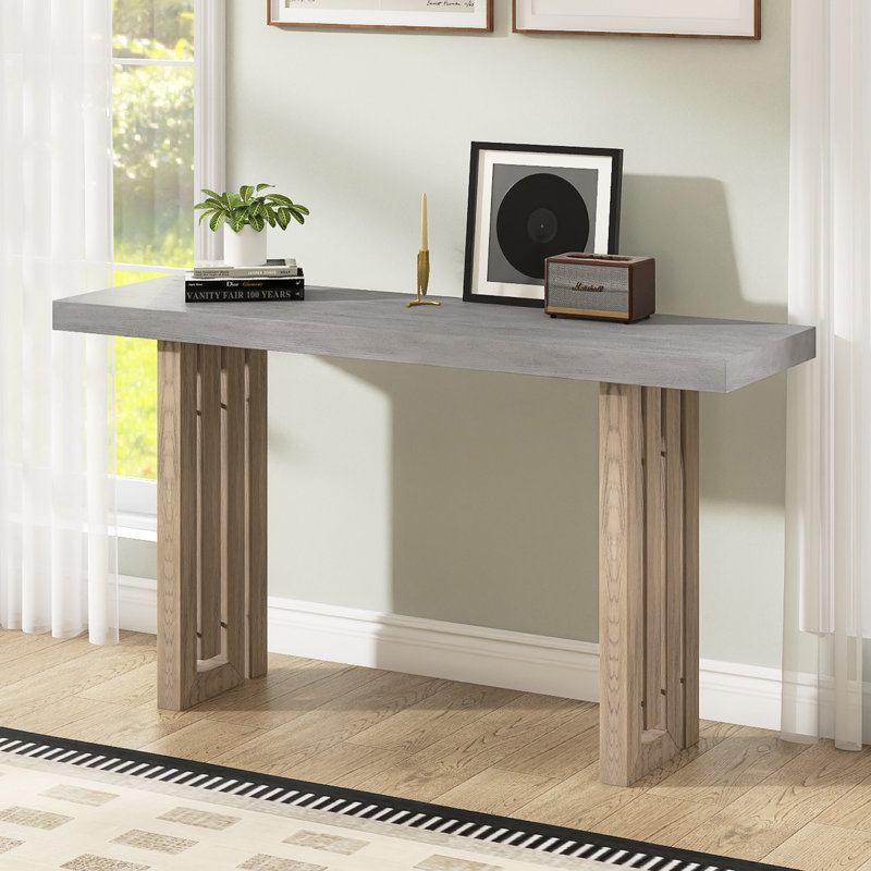 59" Wood Entryway Console Table With Side Shapes, Natural/Gray