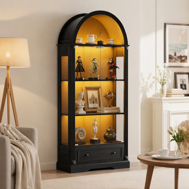 Vitrine cintrée de style ferme moderne avec éclairage DEL et tiroirs pour des besoins de rangement polyvalents à la maison