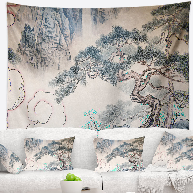 Tapisserie art floral bleu chinois, H 32 po x l 39 po
