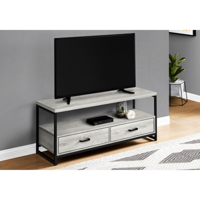 Meuble télé contemporain 48 po gris avec métal noir, 2 espaces de rangement pour salon et chambre à coucher, centre de divertissement 48 po, stratifié et 2 tiroirs