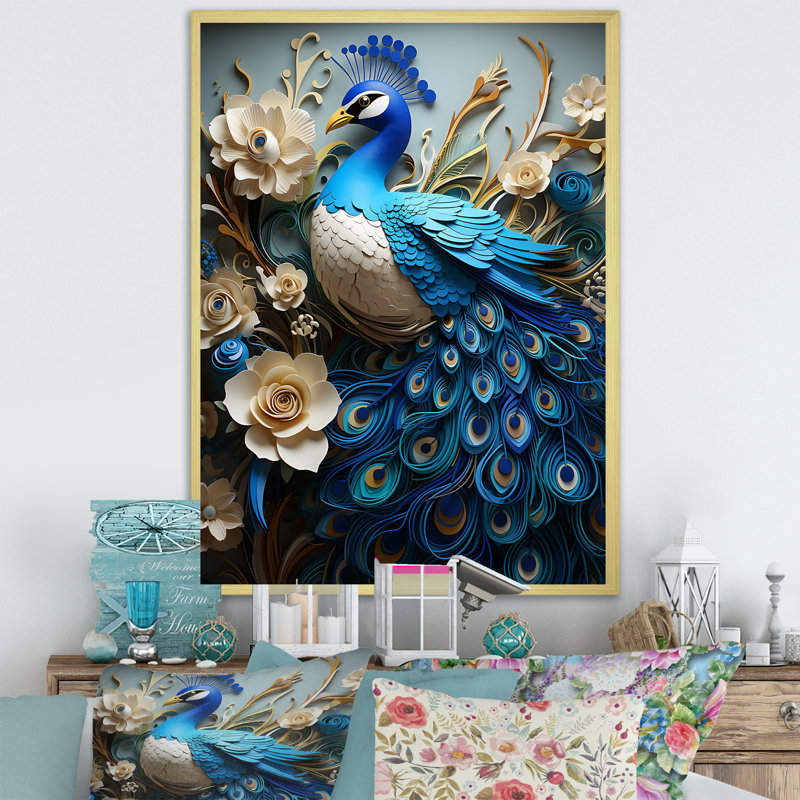 «Flower Peacocks Vibrant Show IV», reproduction sur toile, Cadre photo doré simple, H 32 po x l 24 po x P 1 po