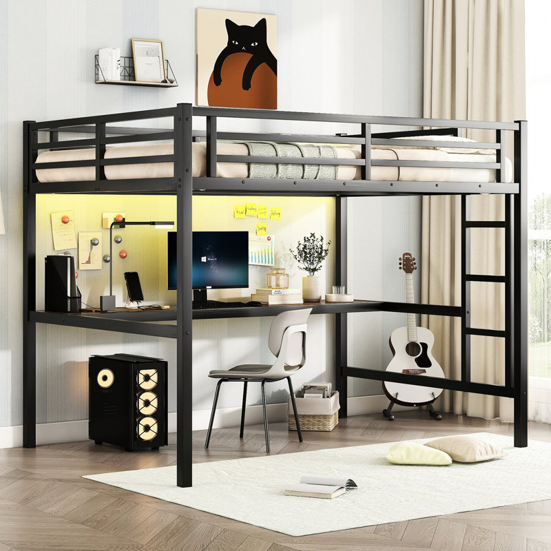 Lit mezzanine en métal avec bureau, connecteur d'alimentation, économiseur d'espace à DEL, réducteur de bruit, élément de design noir pleine puissance, lumières relaxantes