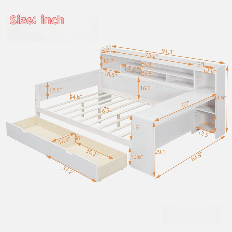 Lit multifonctionnel avec deux tiroirs de rangement et un bureau d'étude, Blanc antique, Lit double