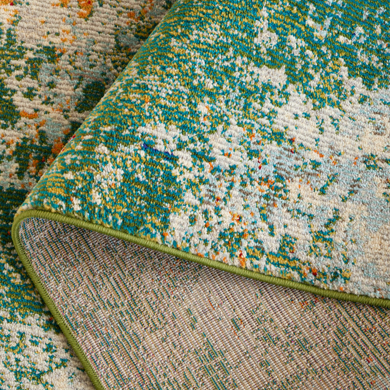 Green and Blue Abstract Stain-Resistant Wool Rug, 3' x 5'