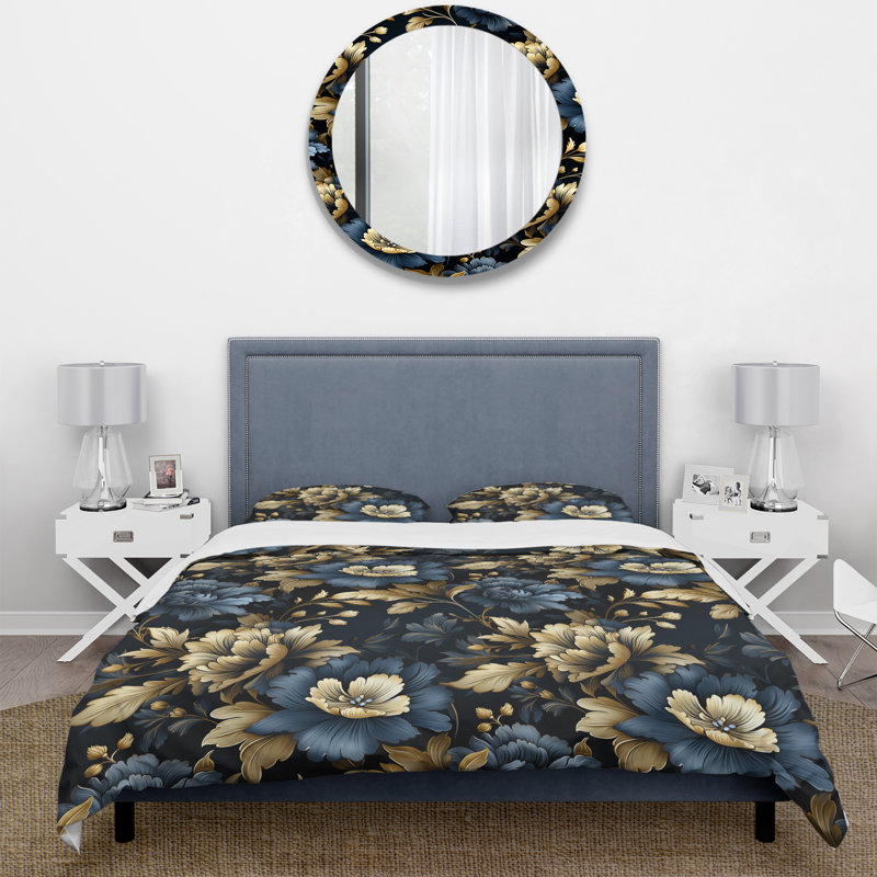 Ensemble de housse de couette damassé Glamour V bleu foncé et doré, Housse de couette pour très grand lit et 2 très
