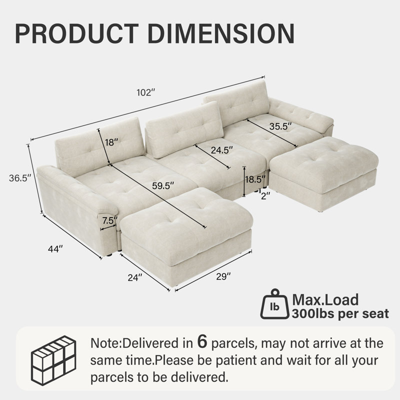 102" Adjustable Seat Depth Cloud Modular Sectional Sofa With Storage, Beige Chenille, 36.5" H x 102" W x 68" D