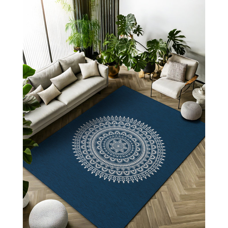 Kathleen Collection Digital Print Cotton-Polyester Geometric Blue Gray Rug, Round 3'4"