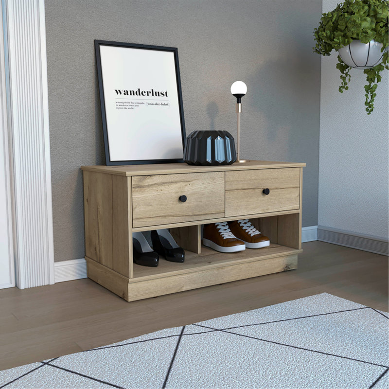 Banc de rangement, deux tiroirs, deux tablettes ouvertes, chêne clair