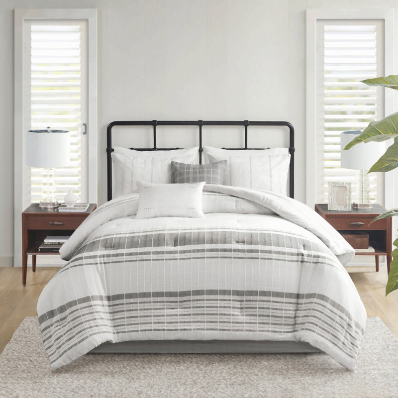 Ensemble de couette jacquard surdimensionnée en coton 6 pièces, blanc/gris, pour lit double
