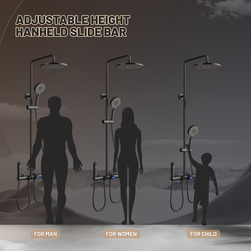10" Four Functions Shower System, Solid Brass Shower Head, 3 Functions Hand Shower, Tub Spout, Bidet Sprayer, Bathtub Shower Faucet with Rough-in Valve