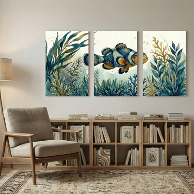 Animals Colorful Fish Swimming Among Seaweed And Coral Set of 3 Canvas Wall Art Prints