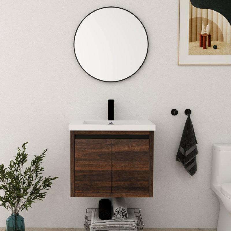 Zalet 24"Single Sink Wall Mounted Bathroom Vanity,Floating Vanity with 2 Doors,White Resin Basin Sink Top, Brown, 24"