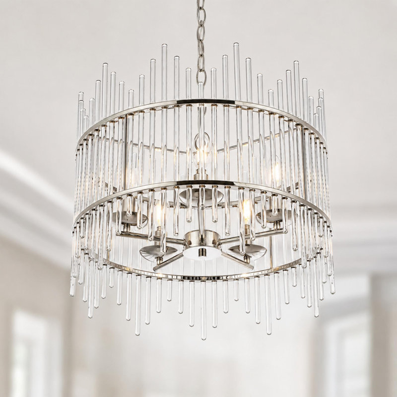 Eletto 5-Light Dimmable Glass Drum Chandelier, Nickel