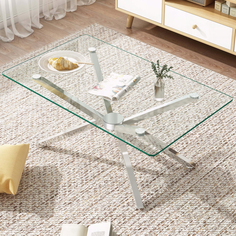 Rectangular Clear Tempered Glass Coffee Table with Silver Metal Legs