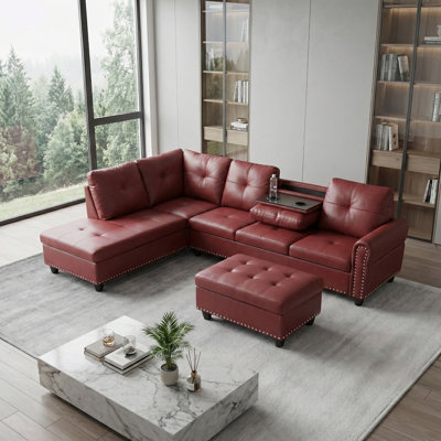 Canapé modulaire en similicuir rouge avec repose-pieds