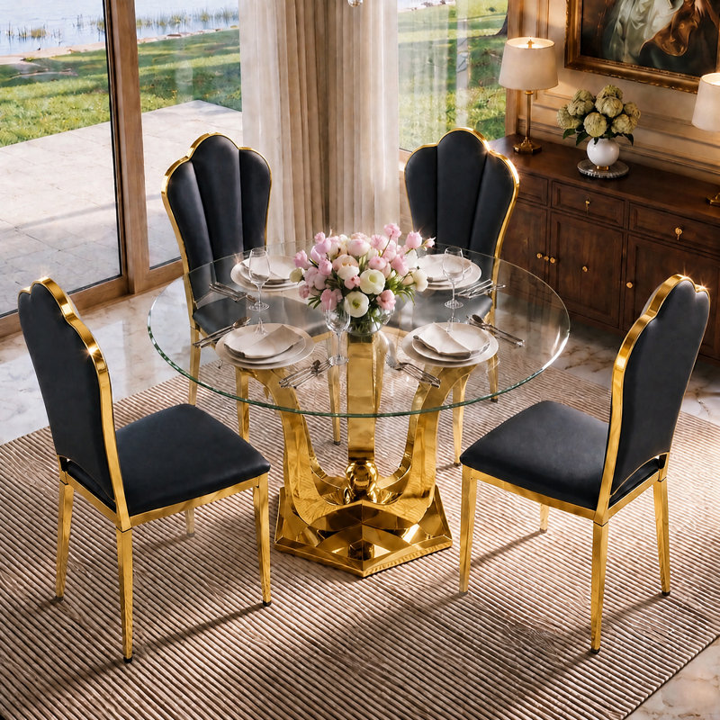Ensemble de table et chaises de salle à manger rondes modernes en verre de 120 cm (47,2 po) pour 4 personnes, ensemble de table et chaises de cuisine 5 pièces pour salle à manger, appartement