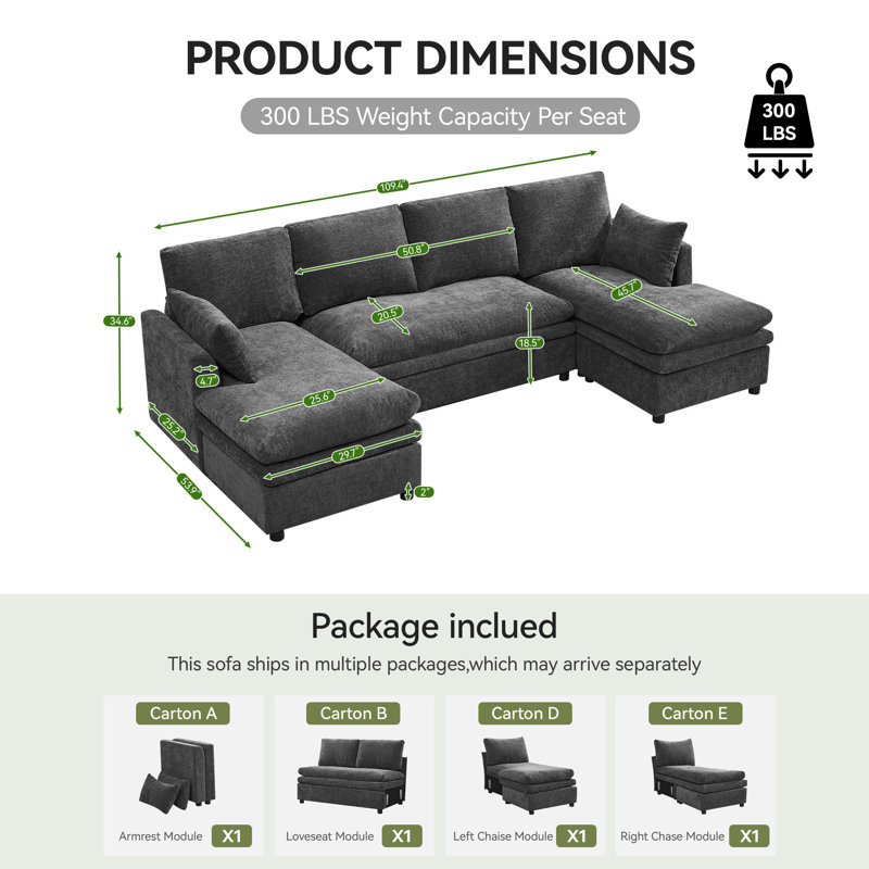  Modular Sectional Sofa with Chaise Lounge, Comfy Deep Dual-Layer Cushion Couch, 6 Seater Left&Right Chaise Couch, Grey