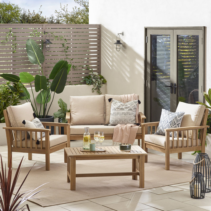 Vita 4 Seater Solid Wooden Garden Sofa Conversation Set - Modern Patio Table and Chairs