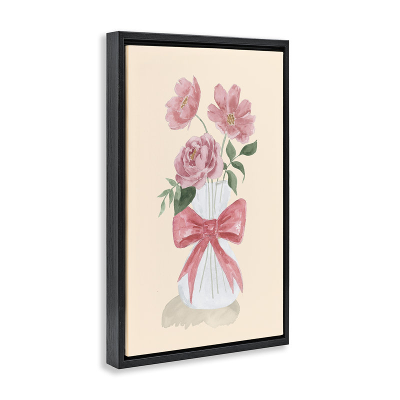 Toile sur châssis « Chic Vase » aux tons rose et brun, par Lucille Price, Cadre flottant noir de jais, H 31 po x l 21 po