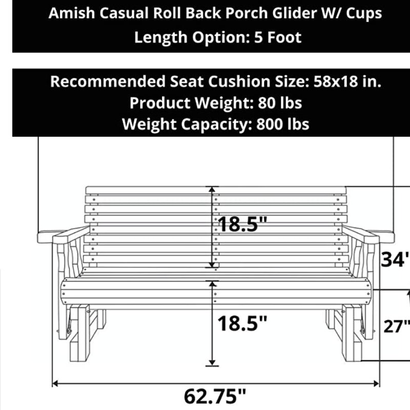 Amish Casual Heavy Duty 800 Lb Roll Back Treated Porch Glider, 5 Foot, Cedar