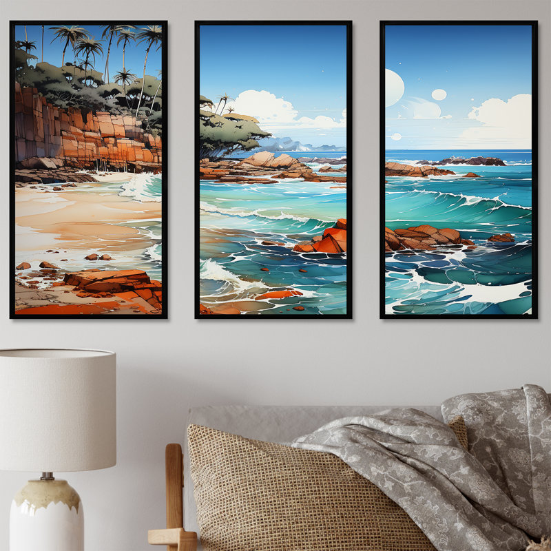 «Blue Beach Waves Fusion I», ensemble de reproduction d'art mural plage, Cadre flottant noir, H 28 po x l 36 po x P 1 po