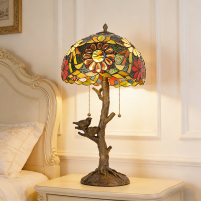Delicate Tiffany Style Resin Base Glass Stained Table Lamp, With Hrysanthemum Motifs And Bird Designs