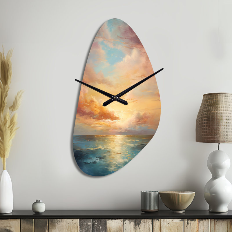Océan coucher de soleil céleste symphonie - horloges métalliques de forme unique coucher de soleil, horloge murale asymétrique en métal bleu sarcelle