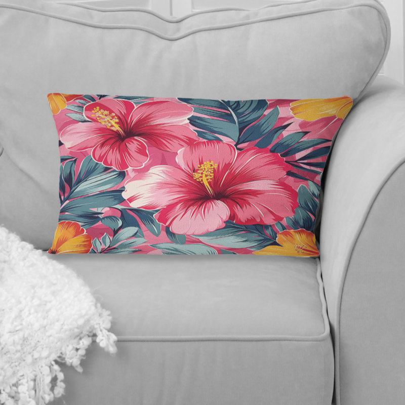 Hibiscus rose, vert et vert - coussin lombaire moderne
