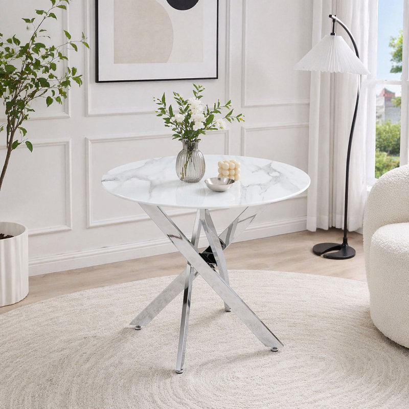 Table ronde moderne en verre avec structure en métal, Silver