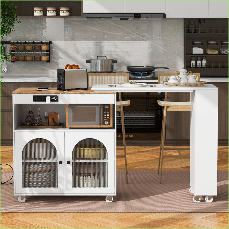 Chariot roulant pour îlot de cuisine avec table extensible, blanc moderne avec lumières DEL, ports USB, rangement | Blanc | Panneau de fibres à densité moyenne