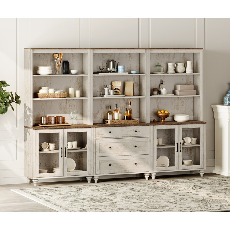 Buffet avec huche à barre, buffet avec 4 portes en verre, 3 tiroirs et 3 tablettes à niveaux, blanc rustique, 101 po